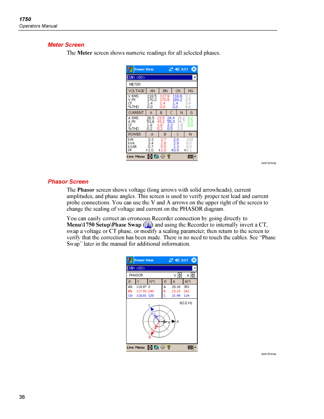 Fluke 1750 specifications Meter Screen, Phasor Screen 