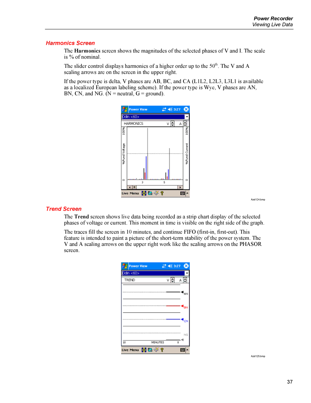 Fluke 1750 specifications Harmonics Screen, Trend Screen 