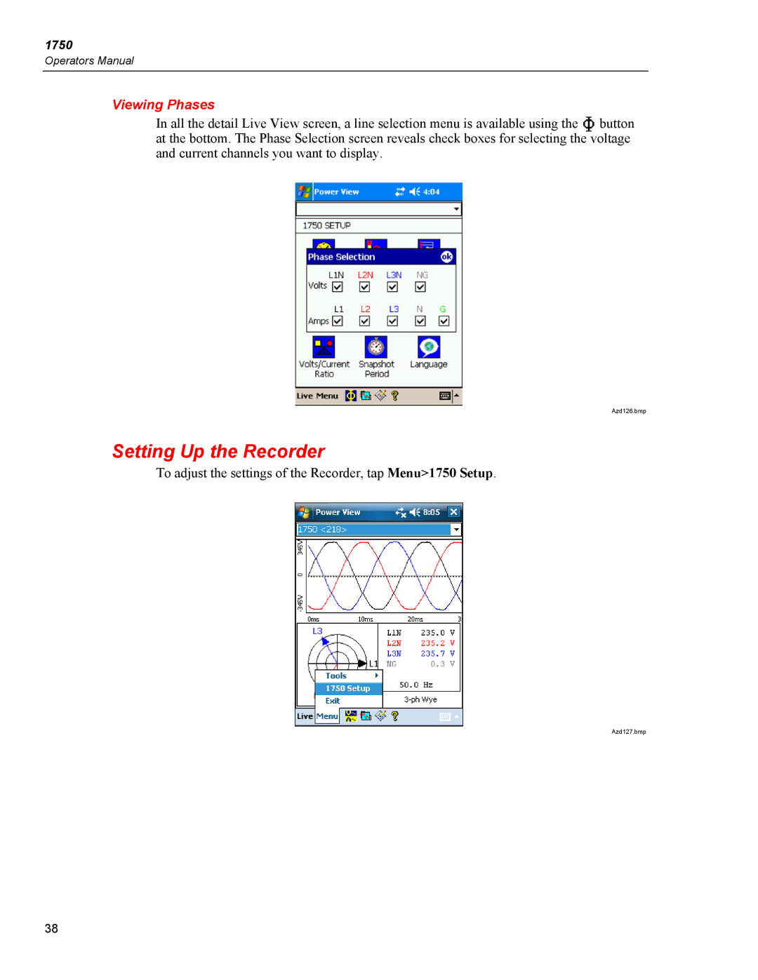 Fluke 1750 specifications Setting Up the Recorder, Viewing Phases 