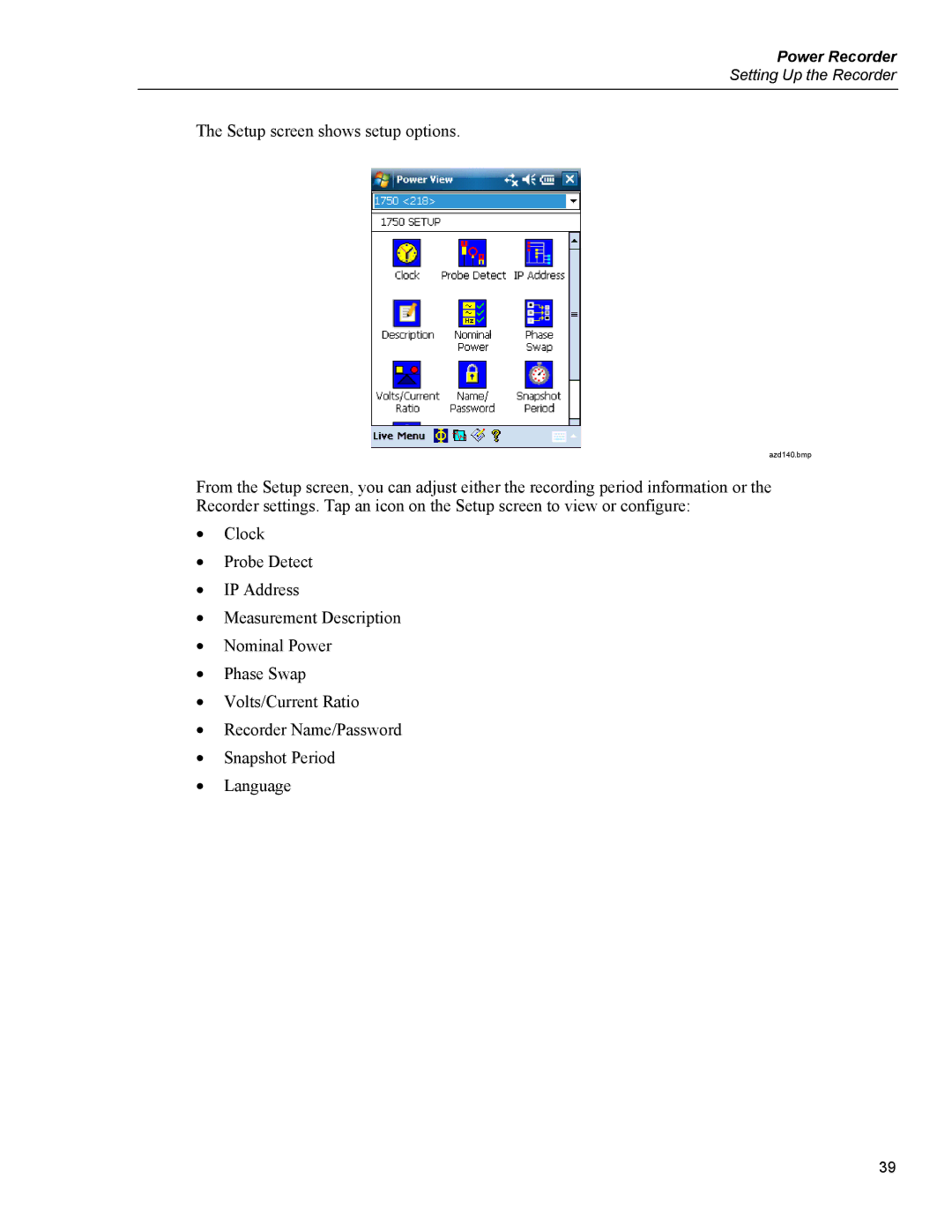 Fluke 1750 specifications Setup screen shows setup options 