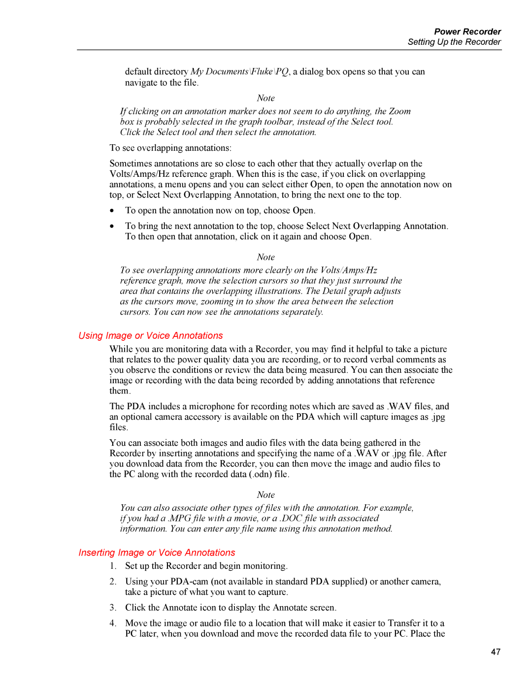 Fluke 1750 specifications Using Image or Voice Annotations 