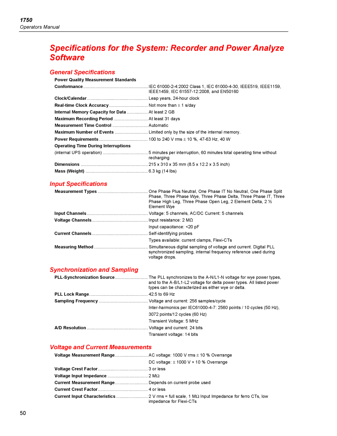 Fluke 1750 General Specifications, Input Specifications, Synchronization and Sampling, Voltage and Current Measurements 