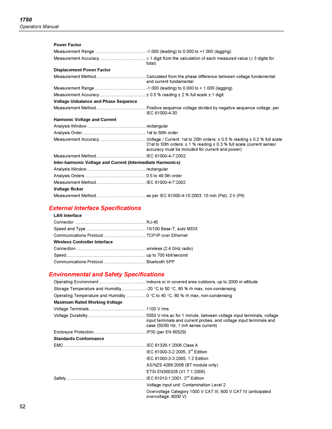 Fluke 1750 specifications External Interface Specifications, Environmental and Safety Specifications 