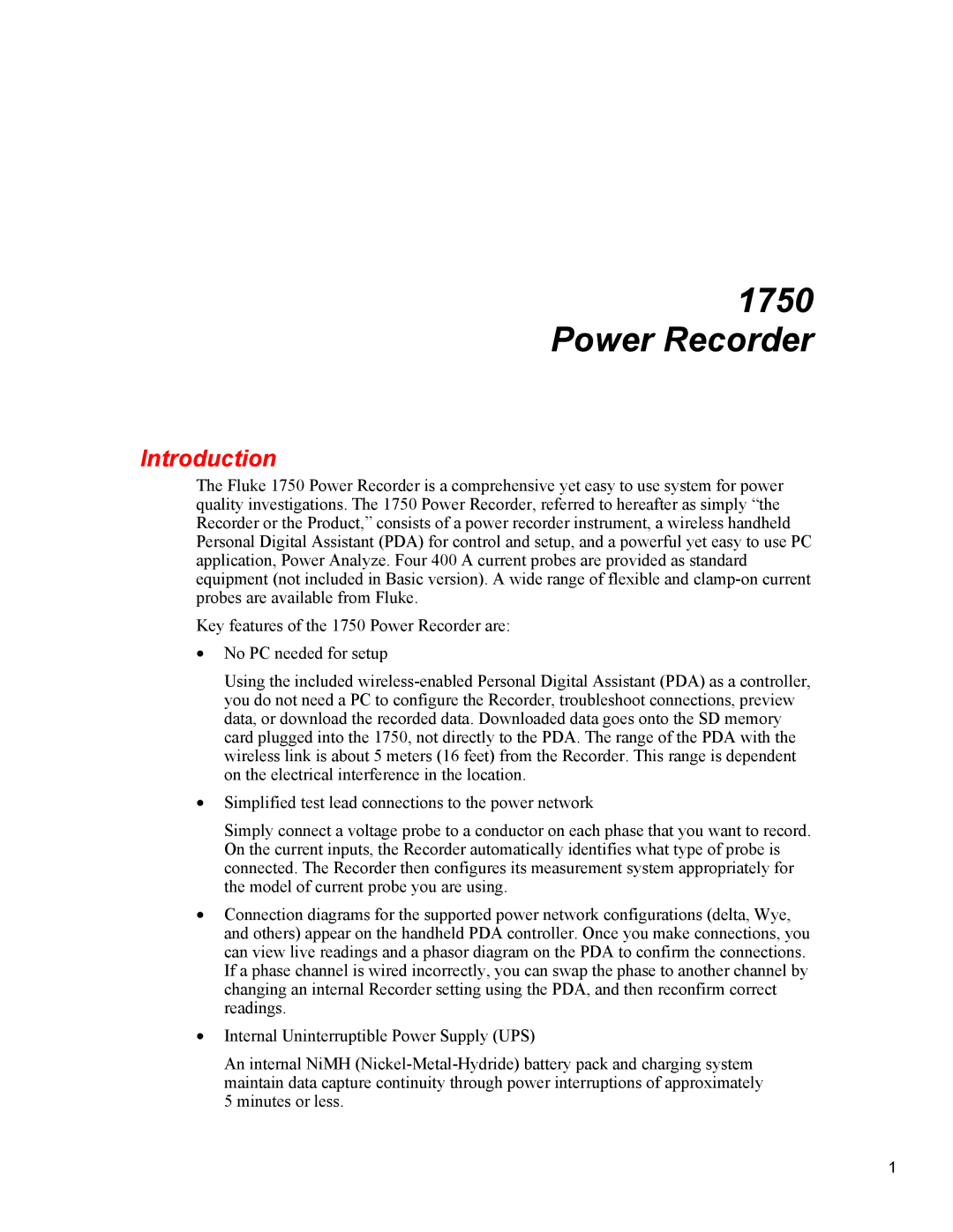 Fluke 1750 specifications Power Recorder, Introduction 