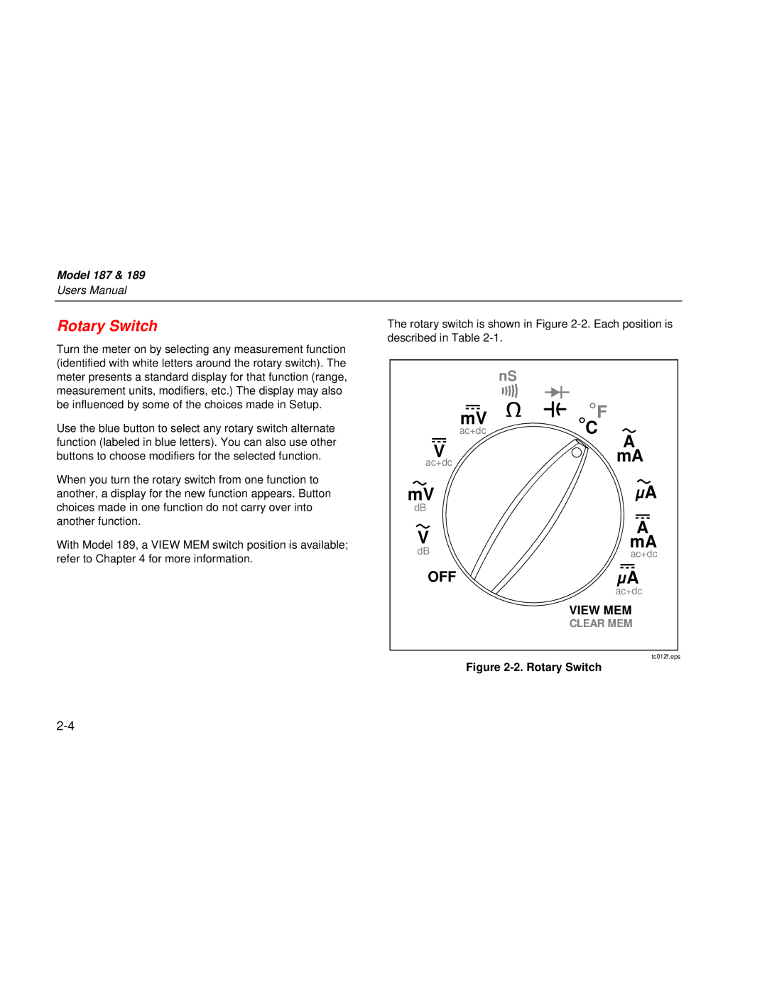 Fluke 187 user manual Rotary Switch 