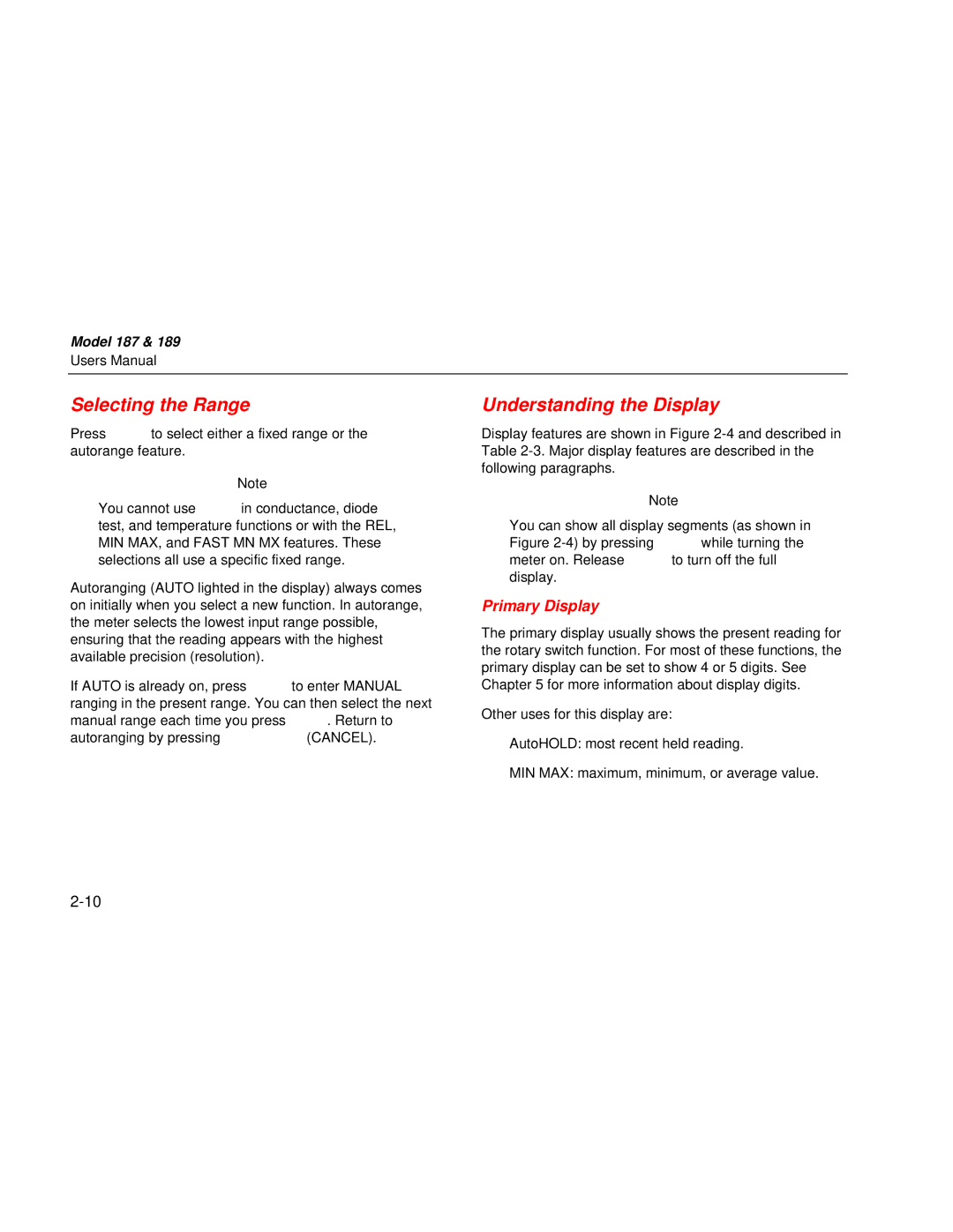 Fluke 187 user manual Selecting the Range, Understanding the Display, Primary Display 