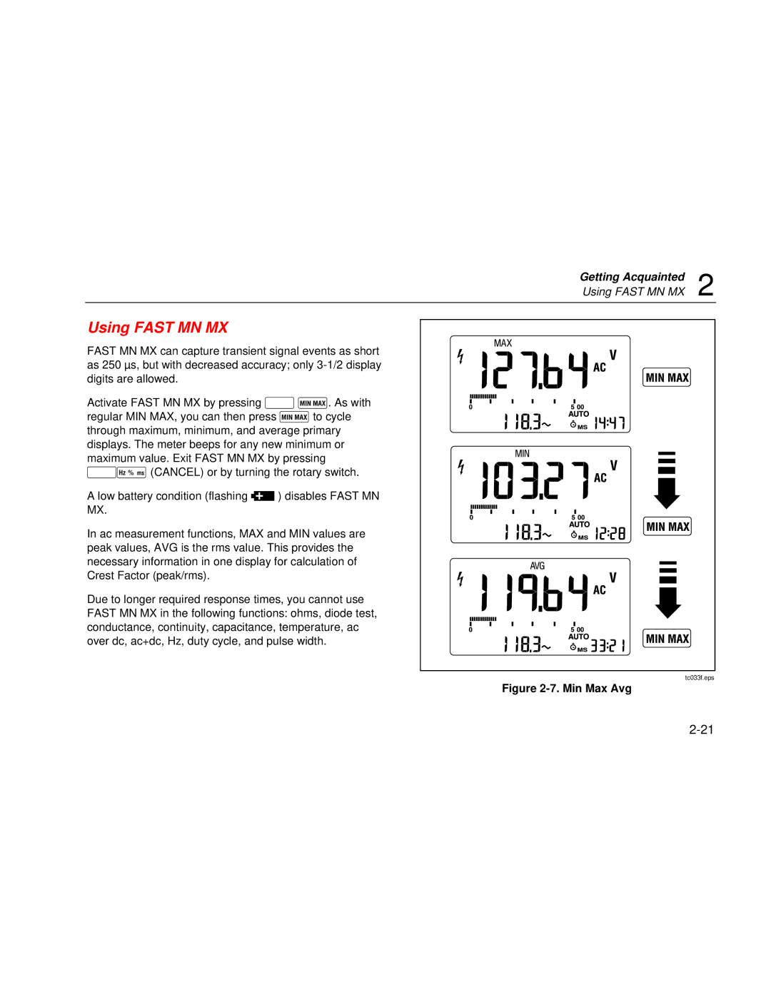 Fluke 187 user manual Using Fast MN MX, Min Max Avg 