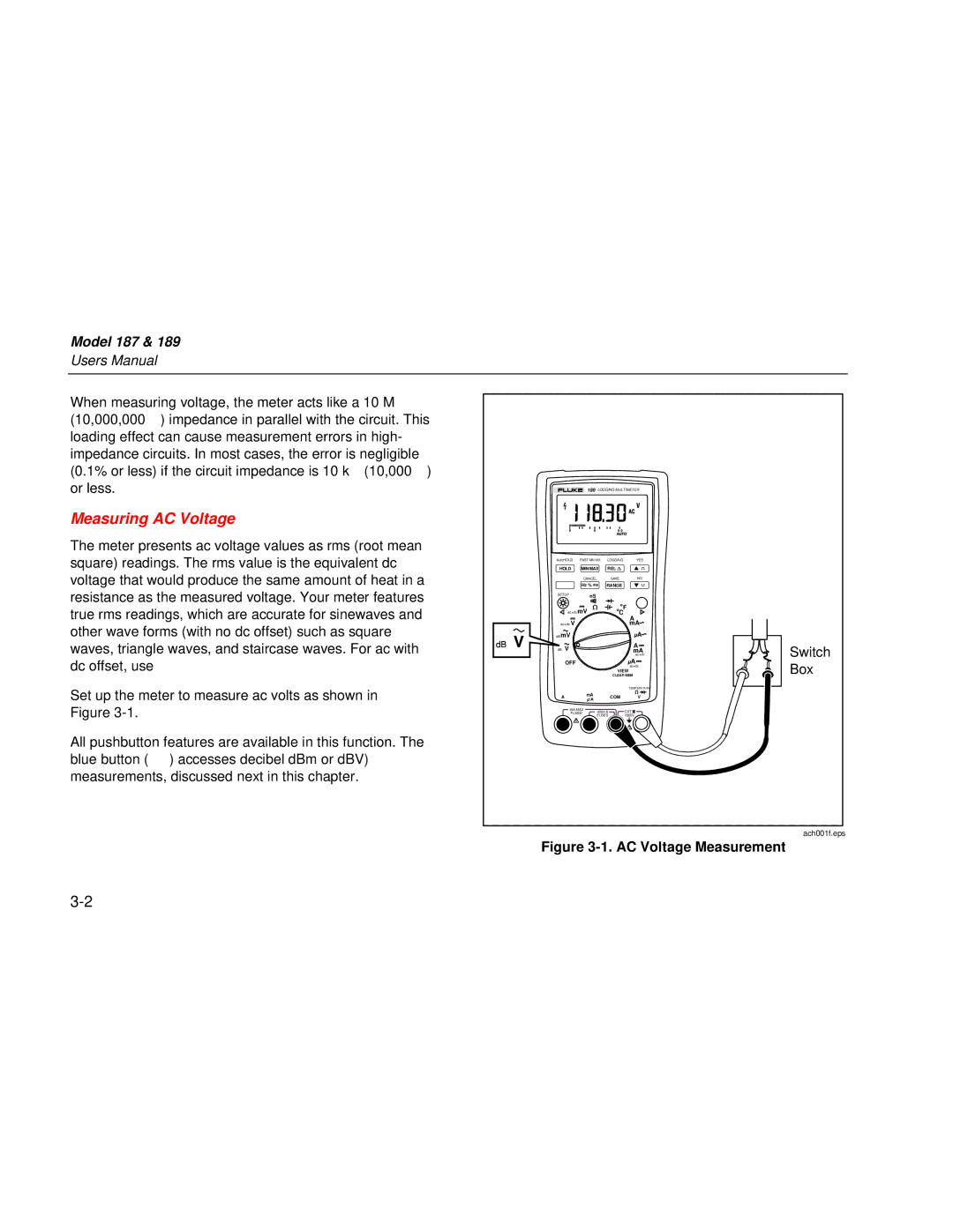 Fluke 187 user manual Measuring AC Voltage, AC Voltage Measurement 