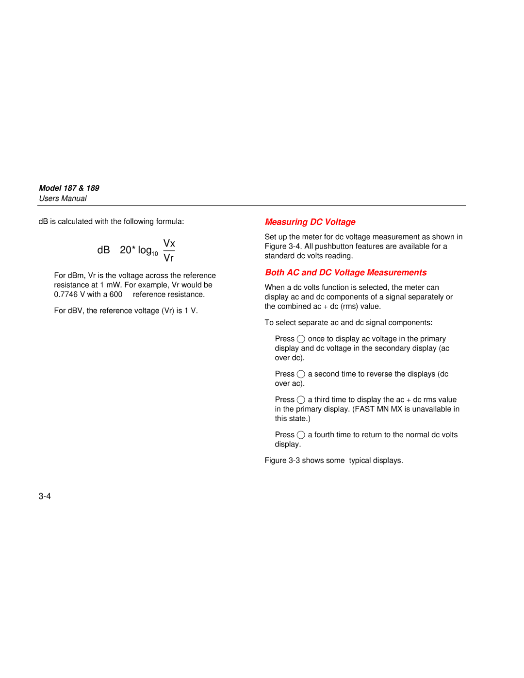 Fluke 187 user manual Measuring DC Voltage, Both AC and DC Voltage Measurements 