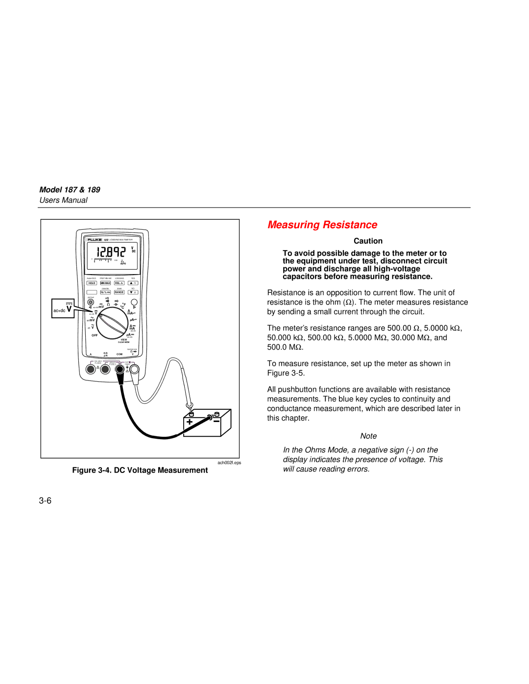 Fluke 187 user manual Measuring Resistance, Capacitors before measuring resistance 