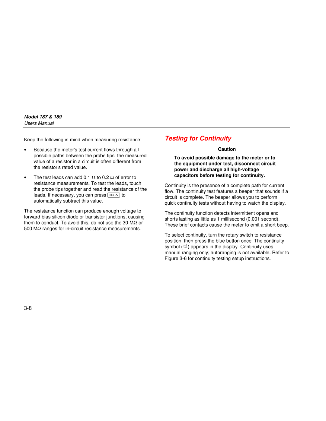 Fluke 187 user manual Testing for Continuity, Automatically subtract this value 