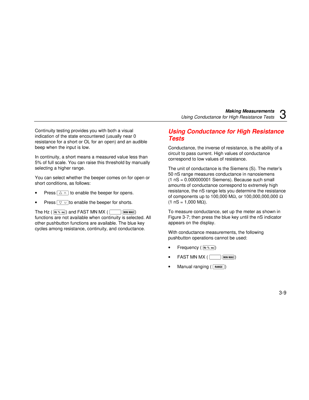 Fluke 187 user manual Using Conductance for High Resistance Tests 