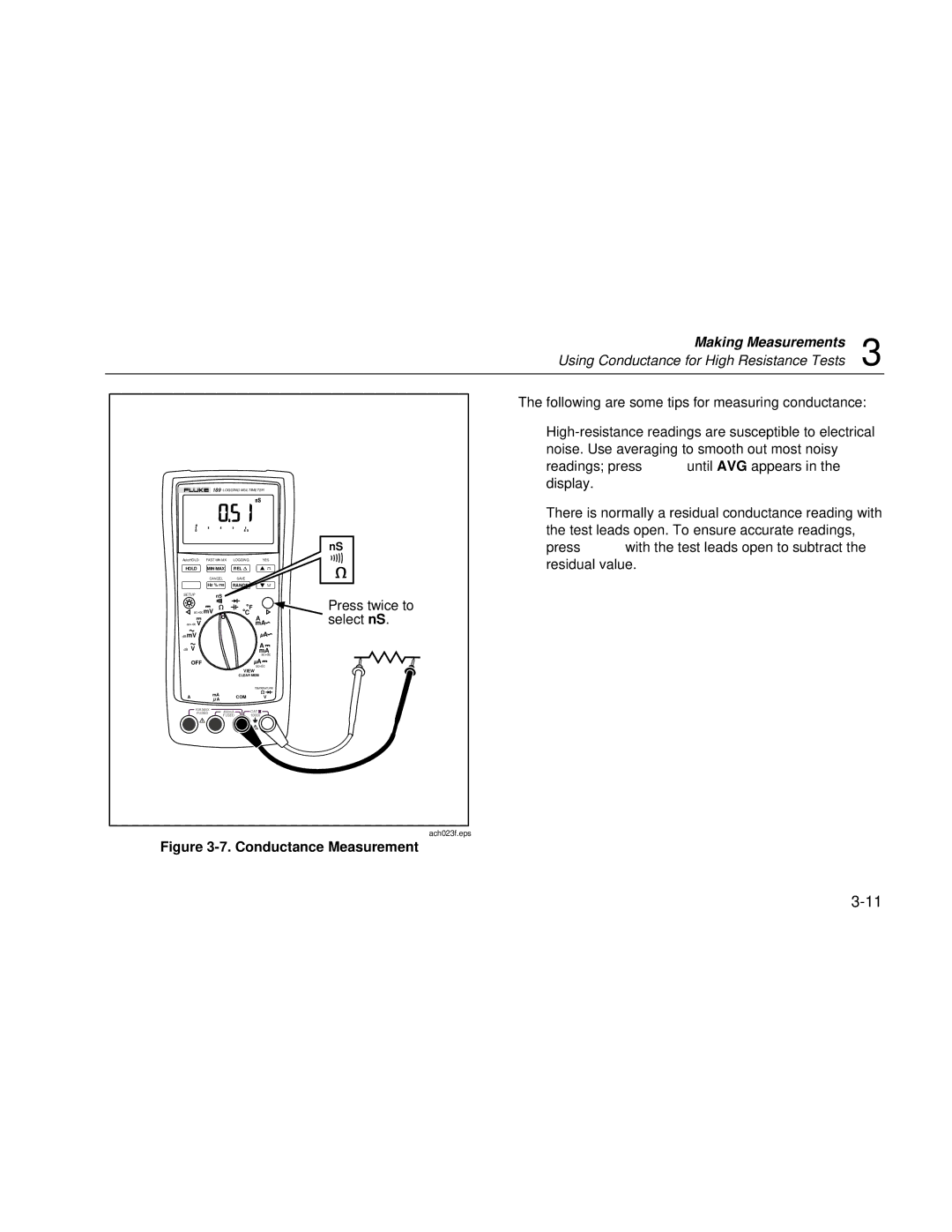 Fluke 187 user manual Conductance Measurement 