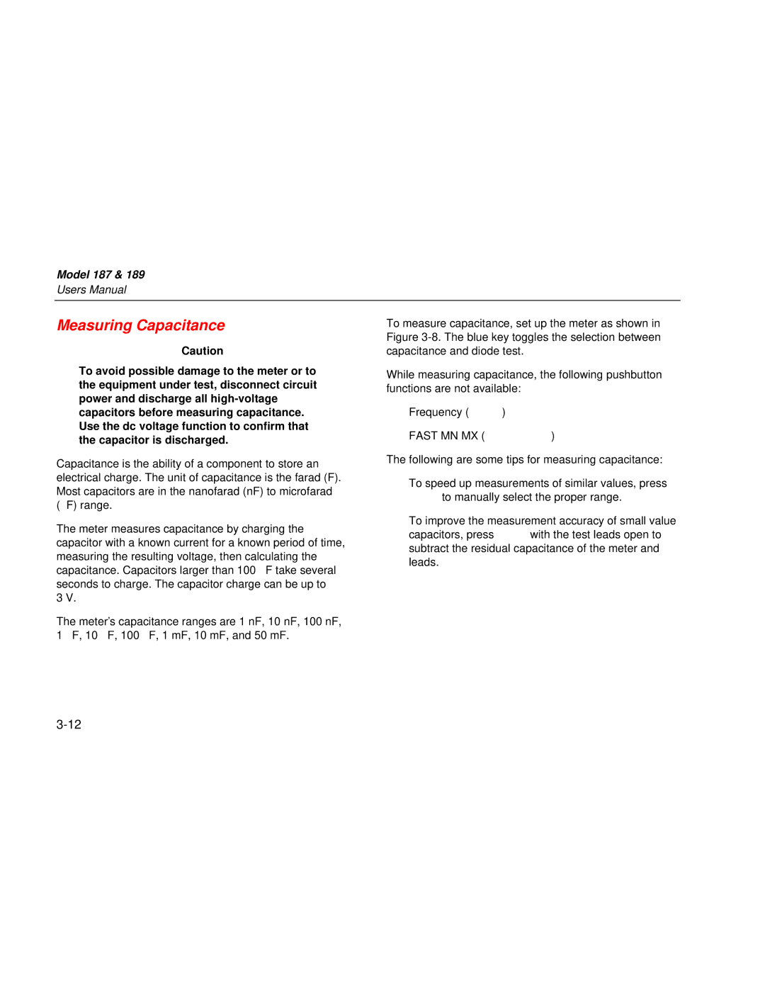 Fluke 187 user manual Measuring Capacitance 