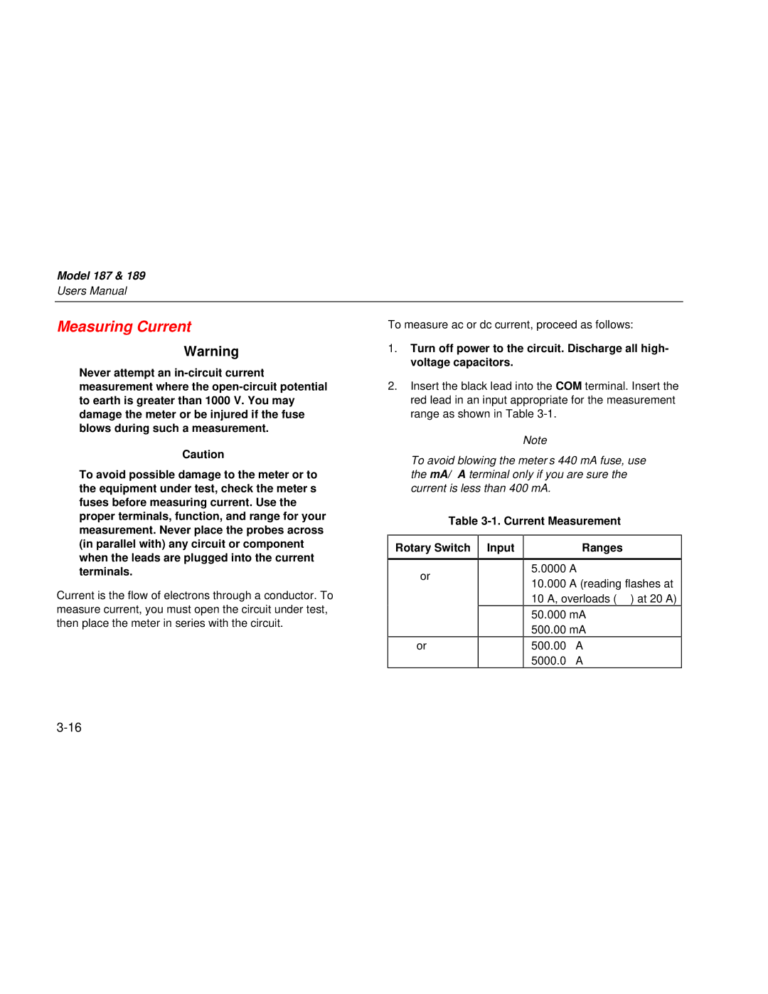 Fluke 187 user manual Measuring Current, Input Ranges 