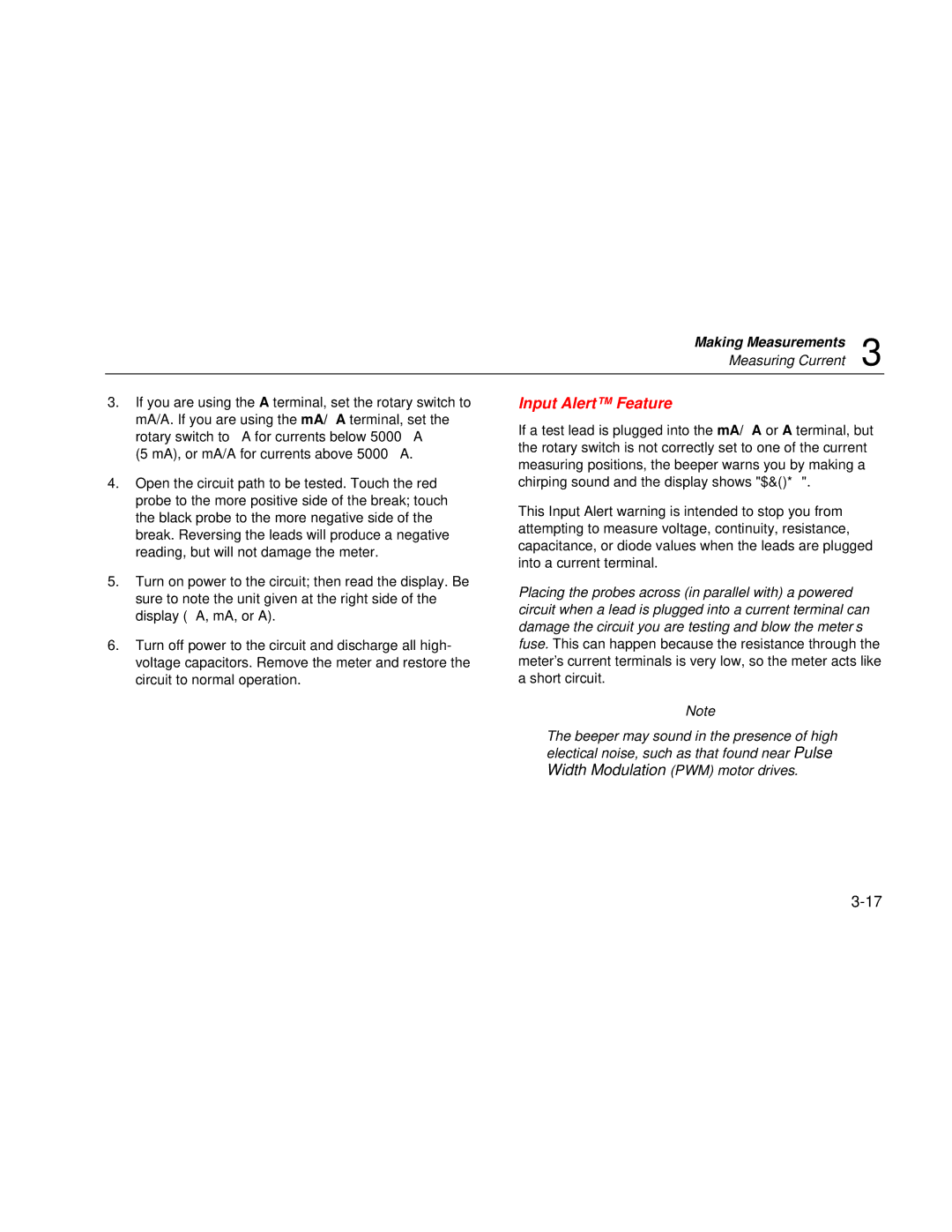 Fluke 187 user manual Input Alert Feature, Measuring Current 