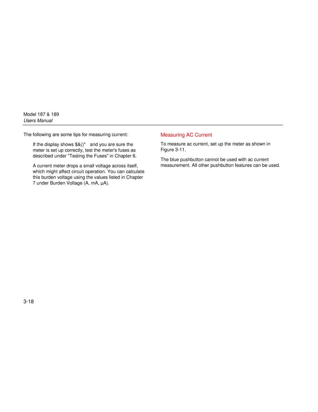 Fluke 187 user manual Measuring AC Current, Following are some tips for measuring current 