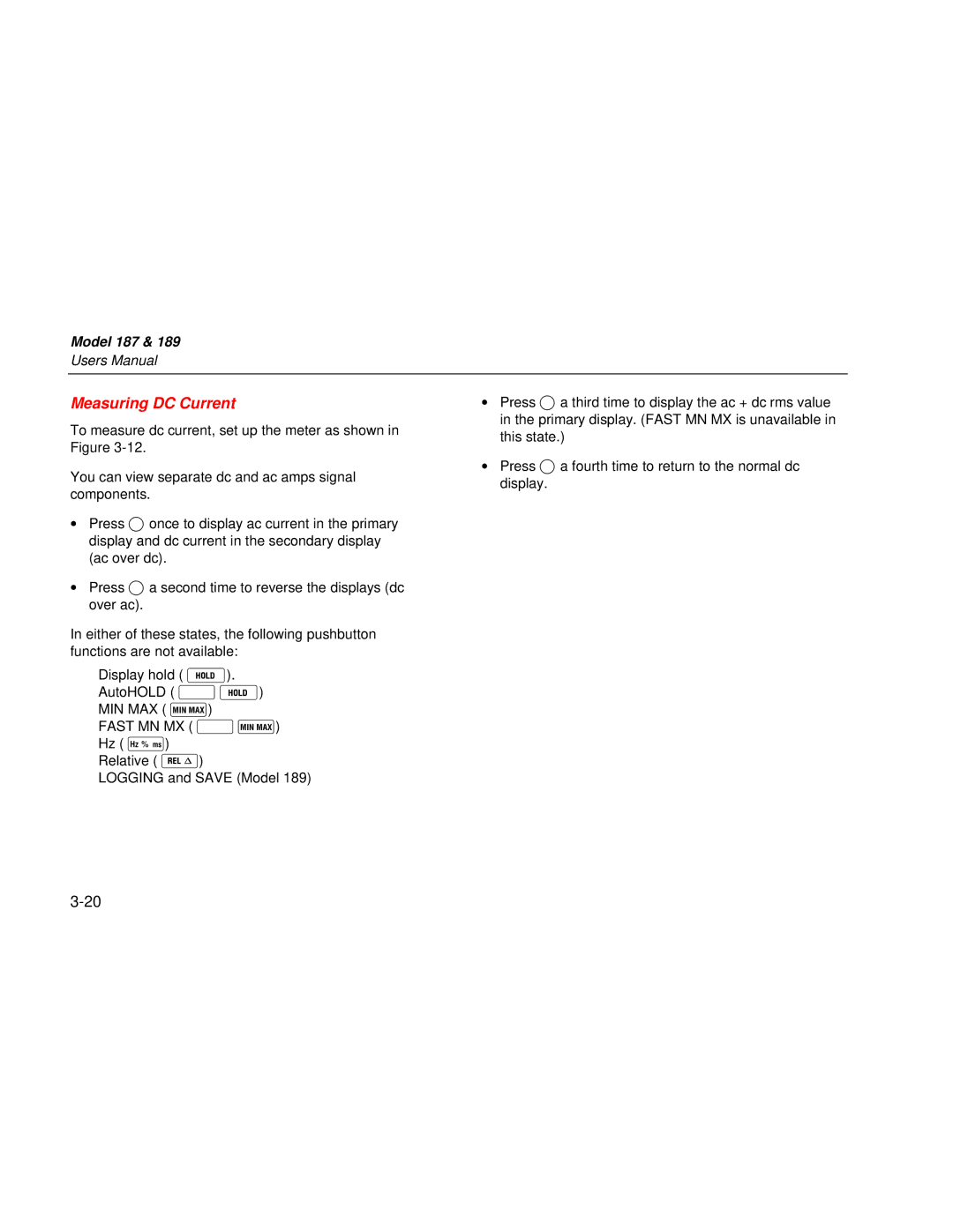 Fluke 187 user manual Measuring DC Current 