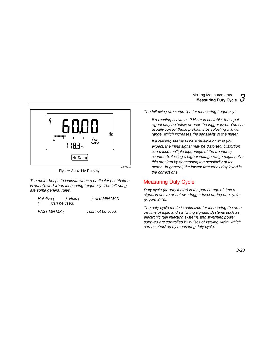 Fluke 187 user manual Measuring Duty Cycle, Hz Display 