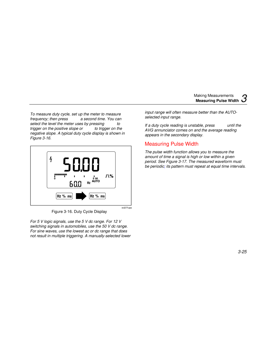 Fluke 187 user manual Measuring Pulse Width, Duty Cycle Display 