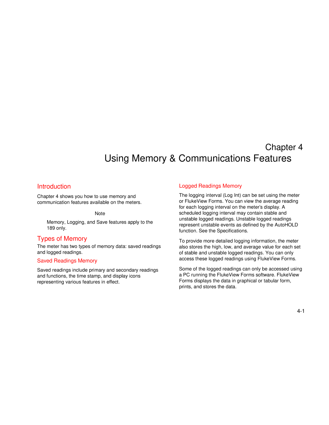 Fluke 187 Using Memory & Communications Features, Types of Memory, Saved Readings Memory, Logged Readings Memory 