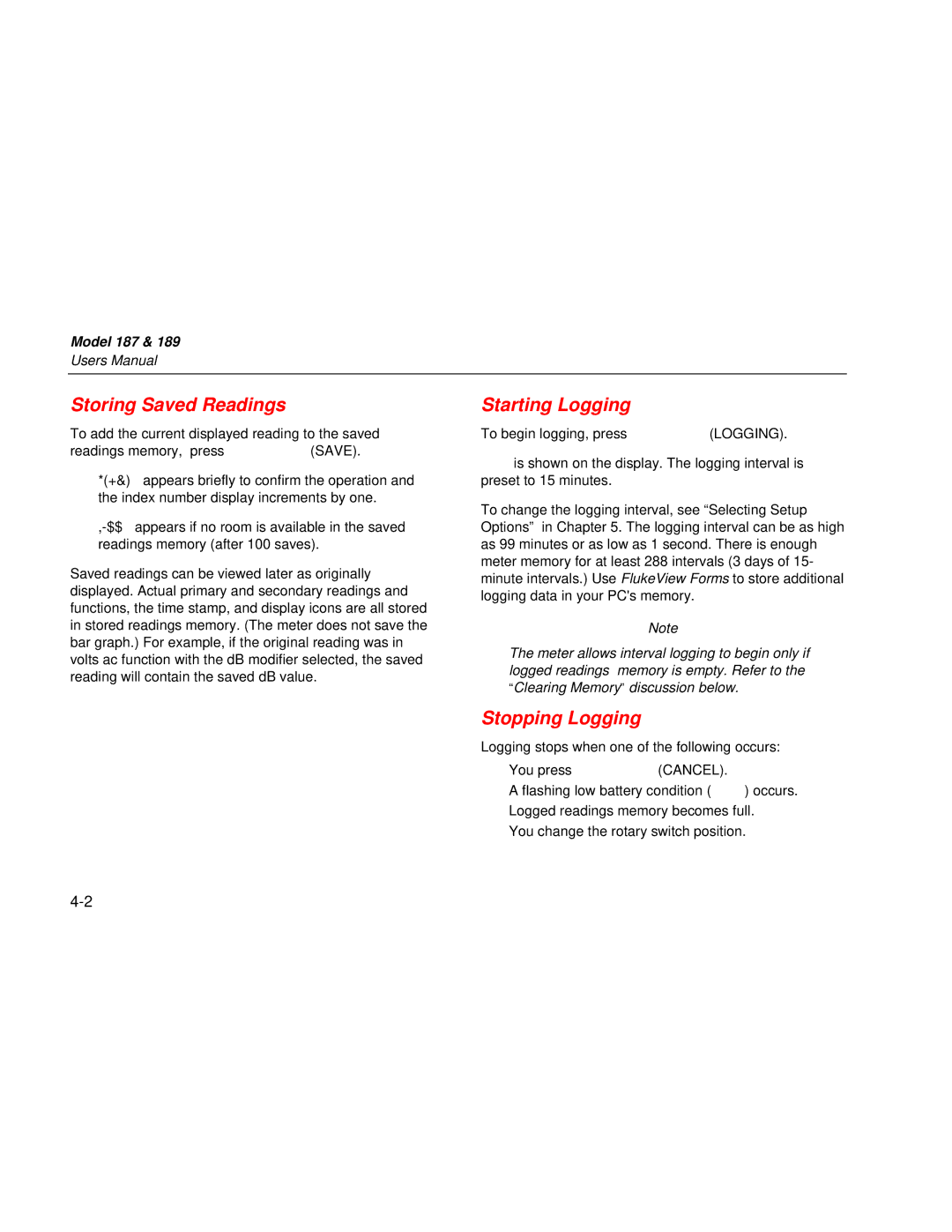 Fluke 187 user manual Storing Saved Readings, Starting Logging, Stopping Logging 