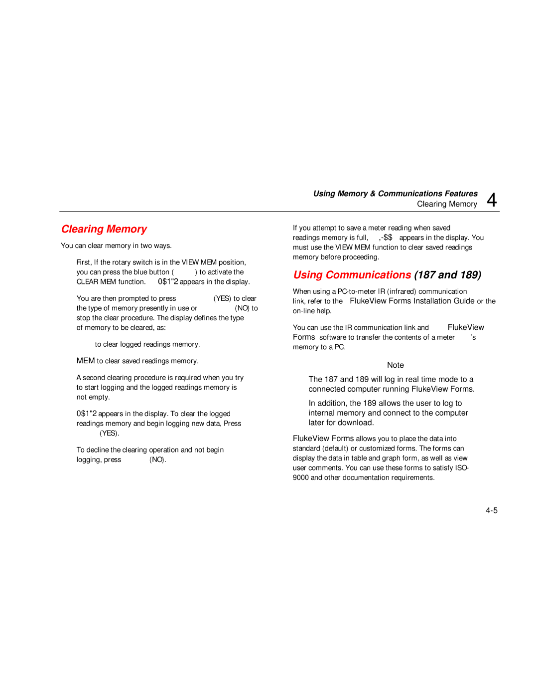 Fluke user manual Clearing Memory, Using Communications 187 