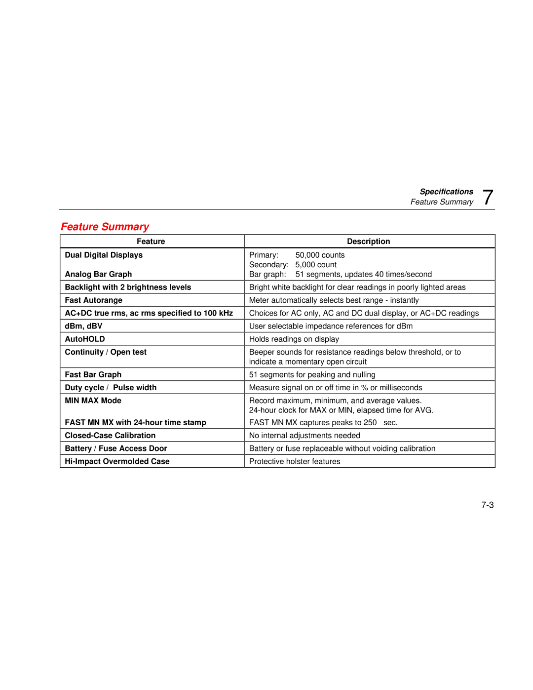 Fluke 187 user manual Feature Summary 