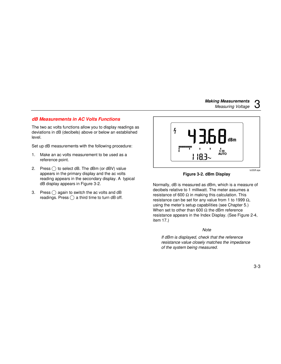 Fluke 189 user manual DB Measurements in AC Volts Functions, DBm Display 