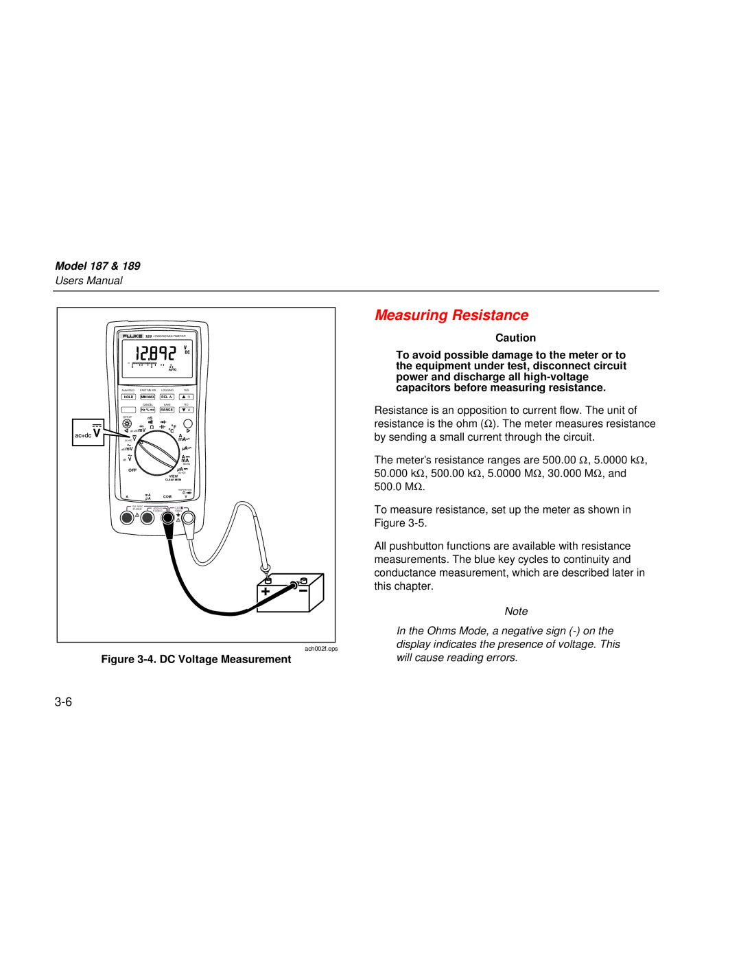 Fluke 189 user manual Measuring Resistance, Capacitors before measuring resistance 