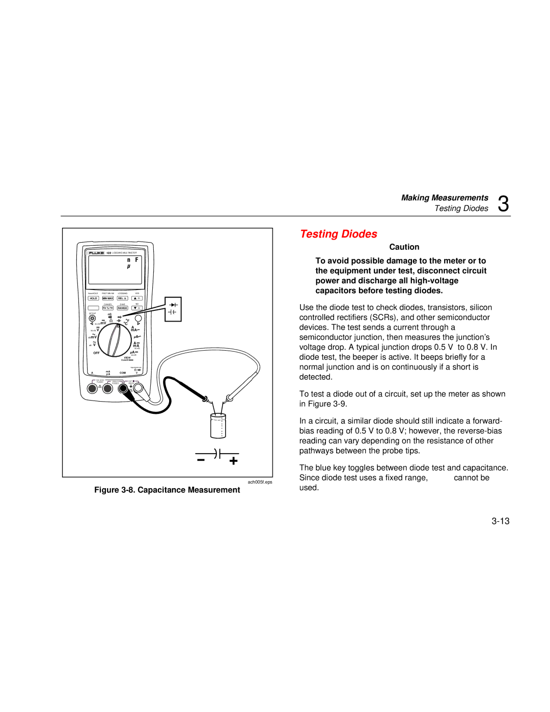 Fluke 189 user manual Testing Diodes, Capacitance Measurement 