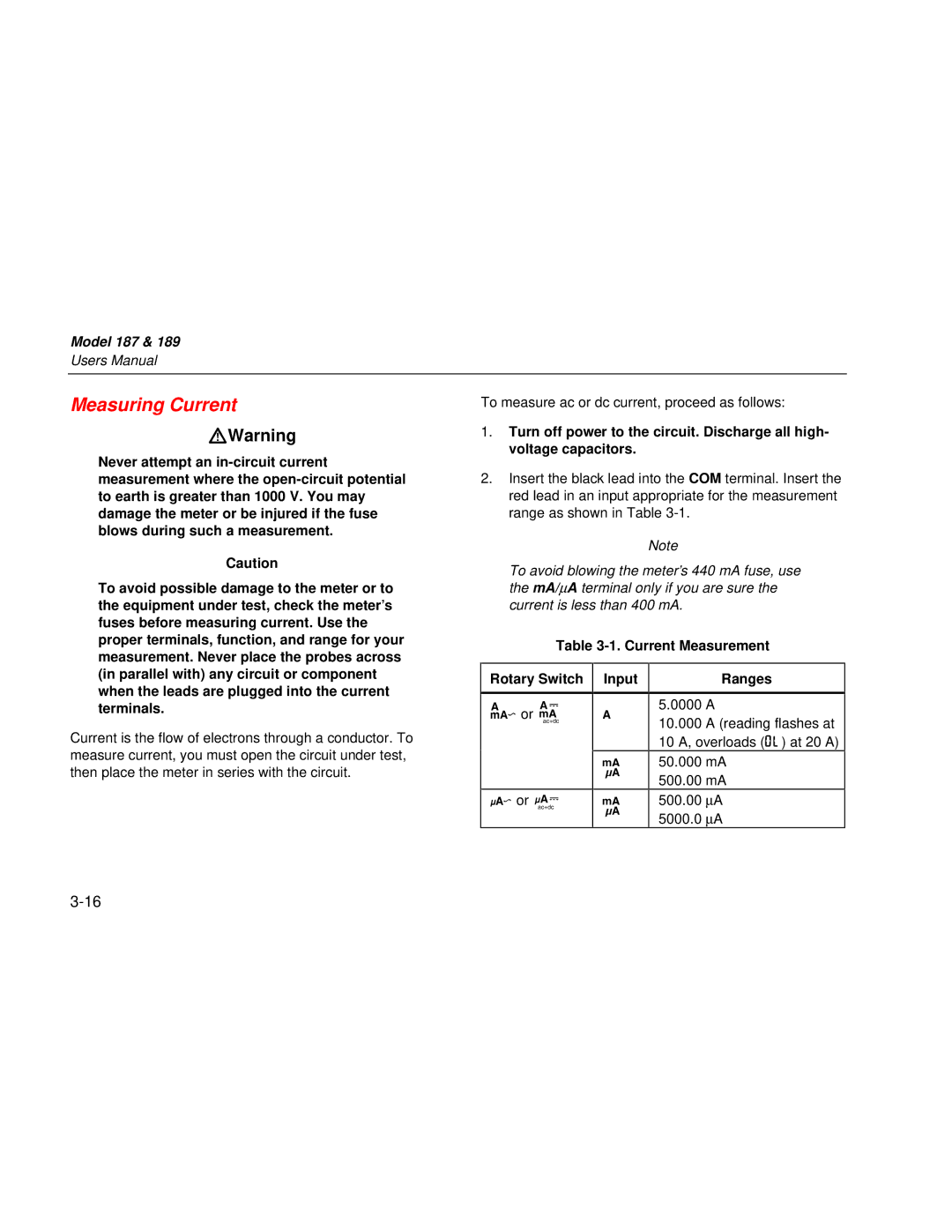 Fluke 189 user manual Measuring Current, Input Ranges 