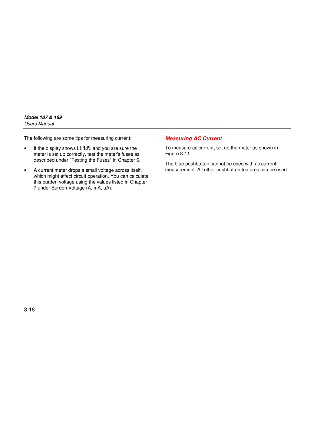 Fluke 189 user manual Measuring AC Current, Following are some tips for measuring current 