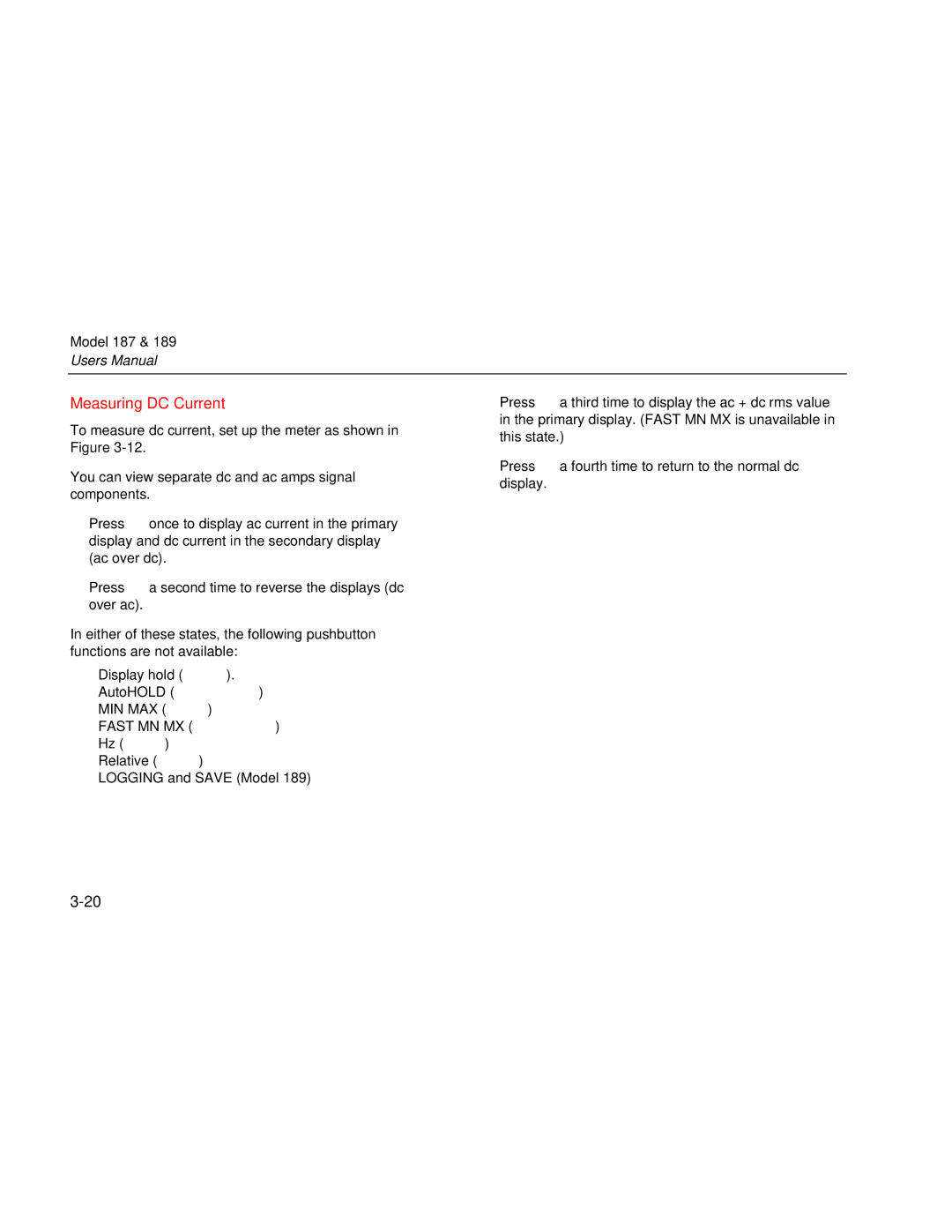 Fluke 189 user manual Measuring DC Current 