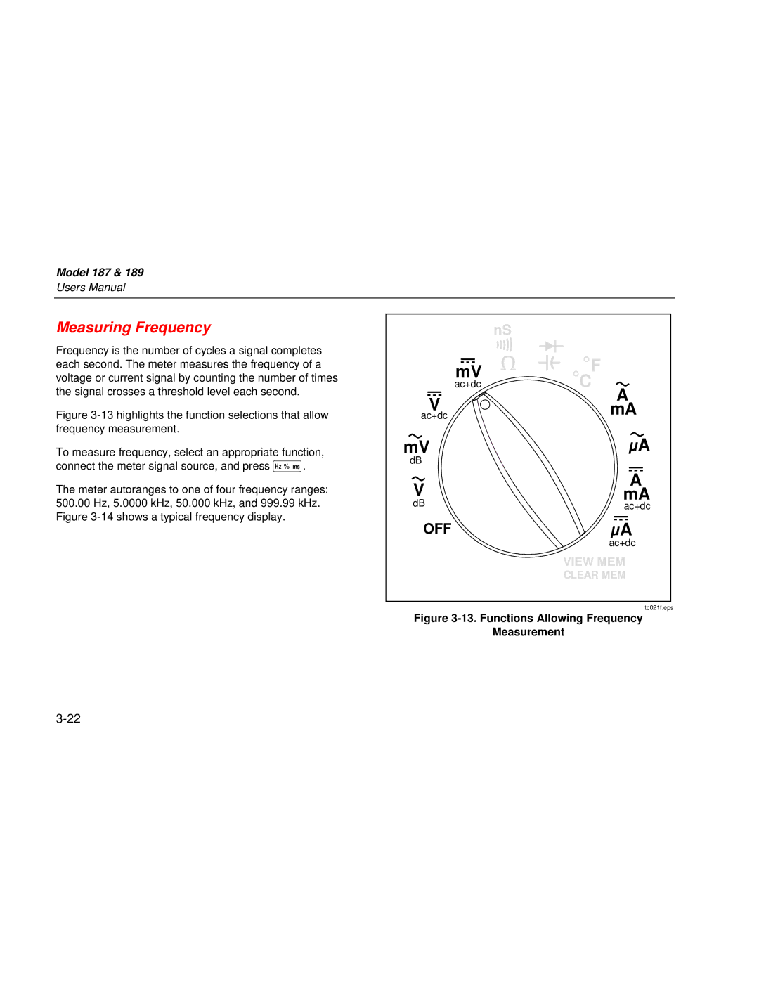 Fluke 189 user manual Measuring Frequency, Functions Allowing Frequency Measurement 