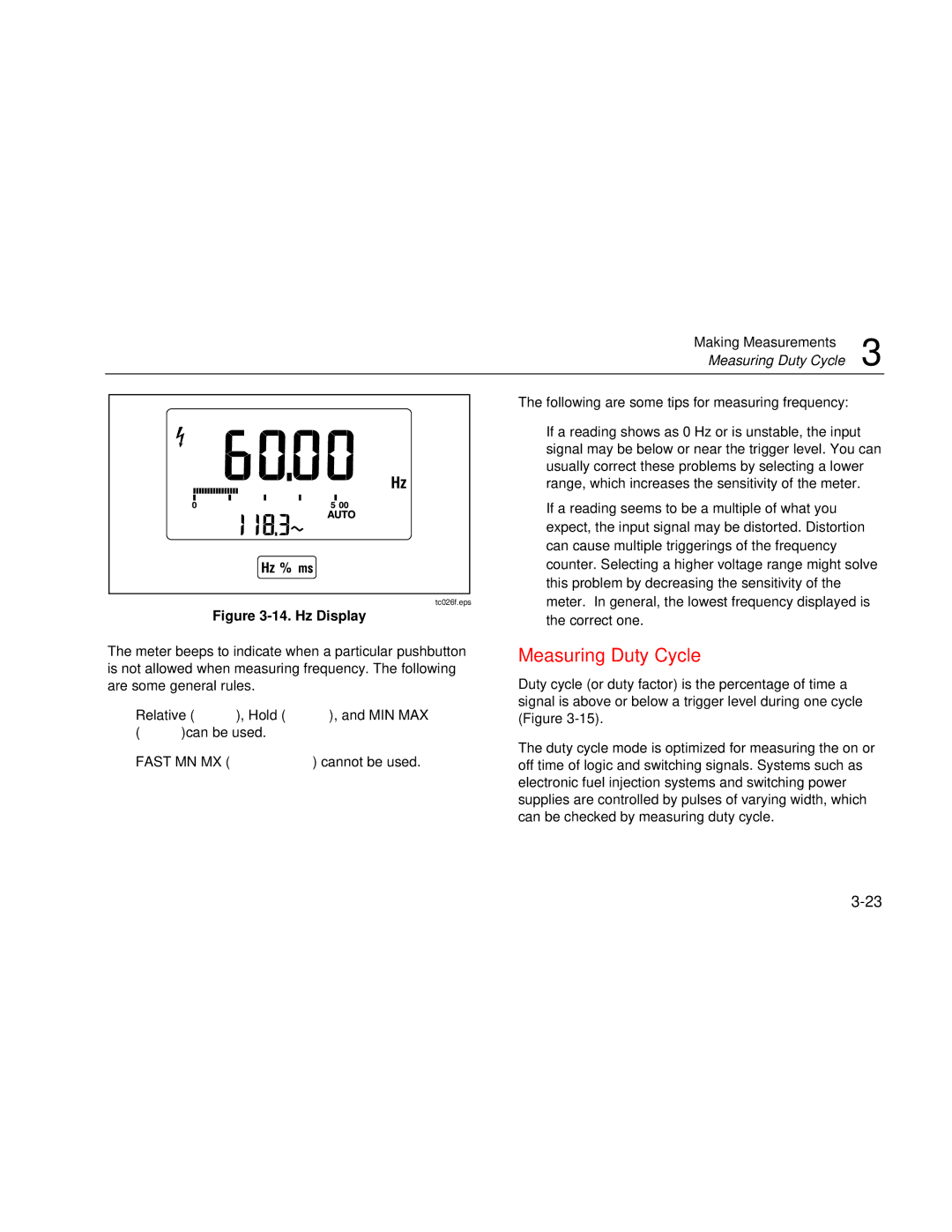 Fluke 189 user manual Measuring Duty Cycle, Hz Display 