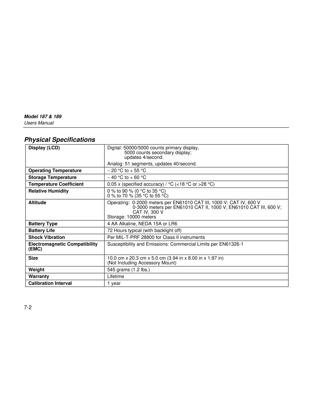 Fluke 189 user manual Physical Specifications 