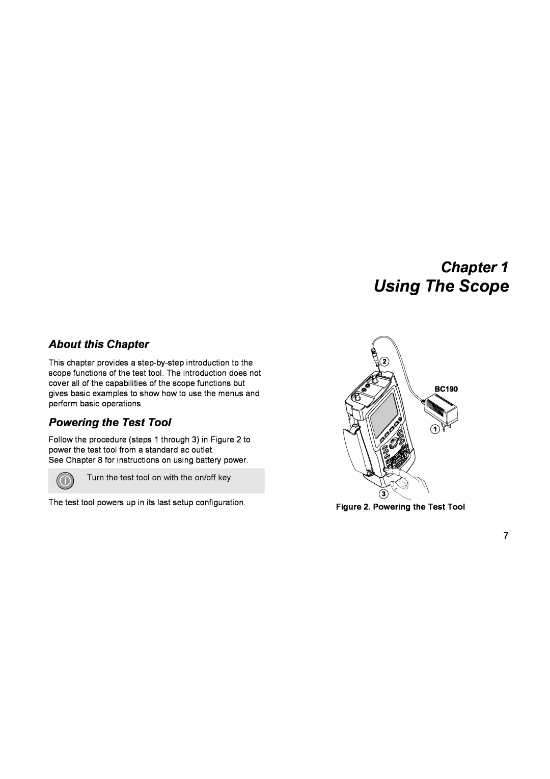 Fluke 196C user manual Using The Scope, About this Chapter, Powering the Test Tool 