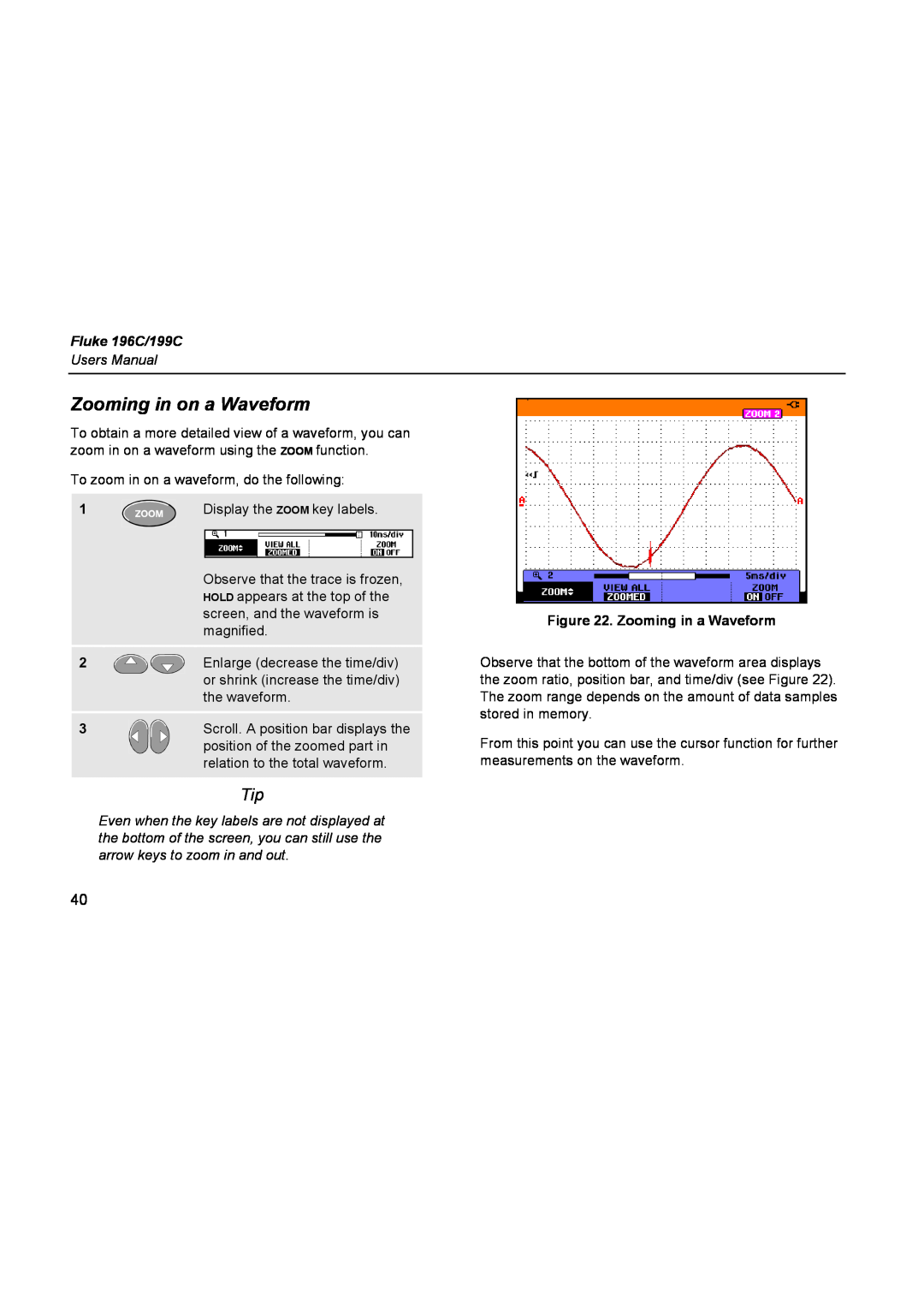 Fluke user manual Zooming in on a Waveform, Zooming in a Waveform, Fluke 196C/199C 