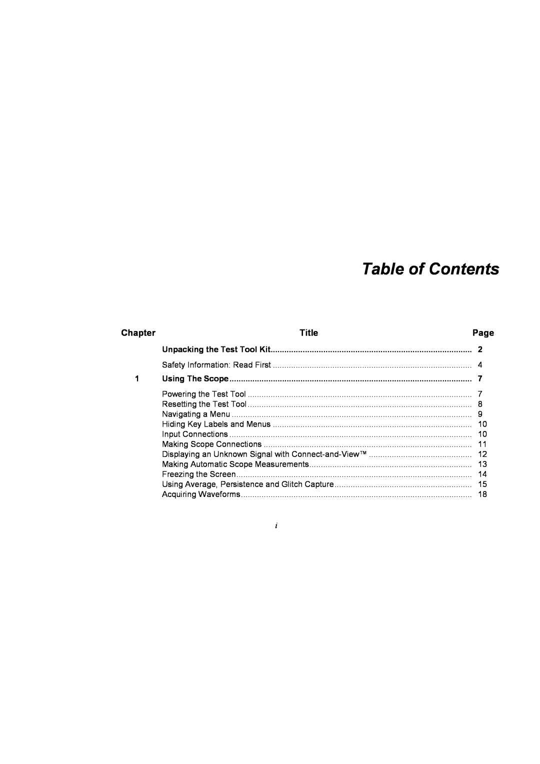 Fluke 196C user manual Table of Contents, Chapter, Title, Page, Unpacking the Test Tool Kit, Using The Scope 