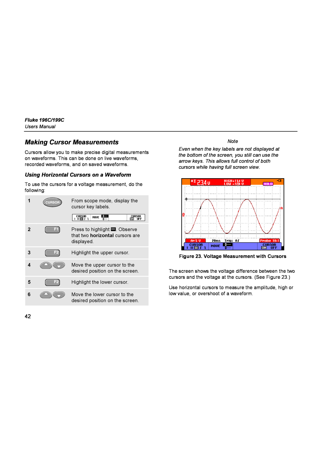 Fluke 196C user manual Making Cursor Measurements, Using Horizontal Cursors on a Waveform, Voltage Measurement with Cursors 