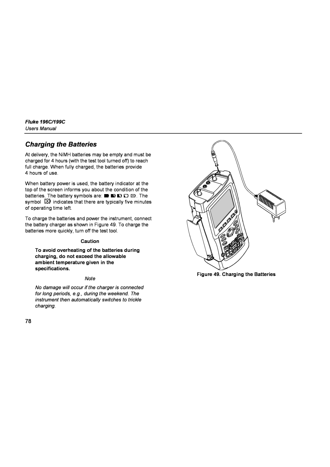 Fluke user manual Charging the Batteries, Fluke 196C/199C, Users Manual 