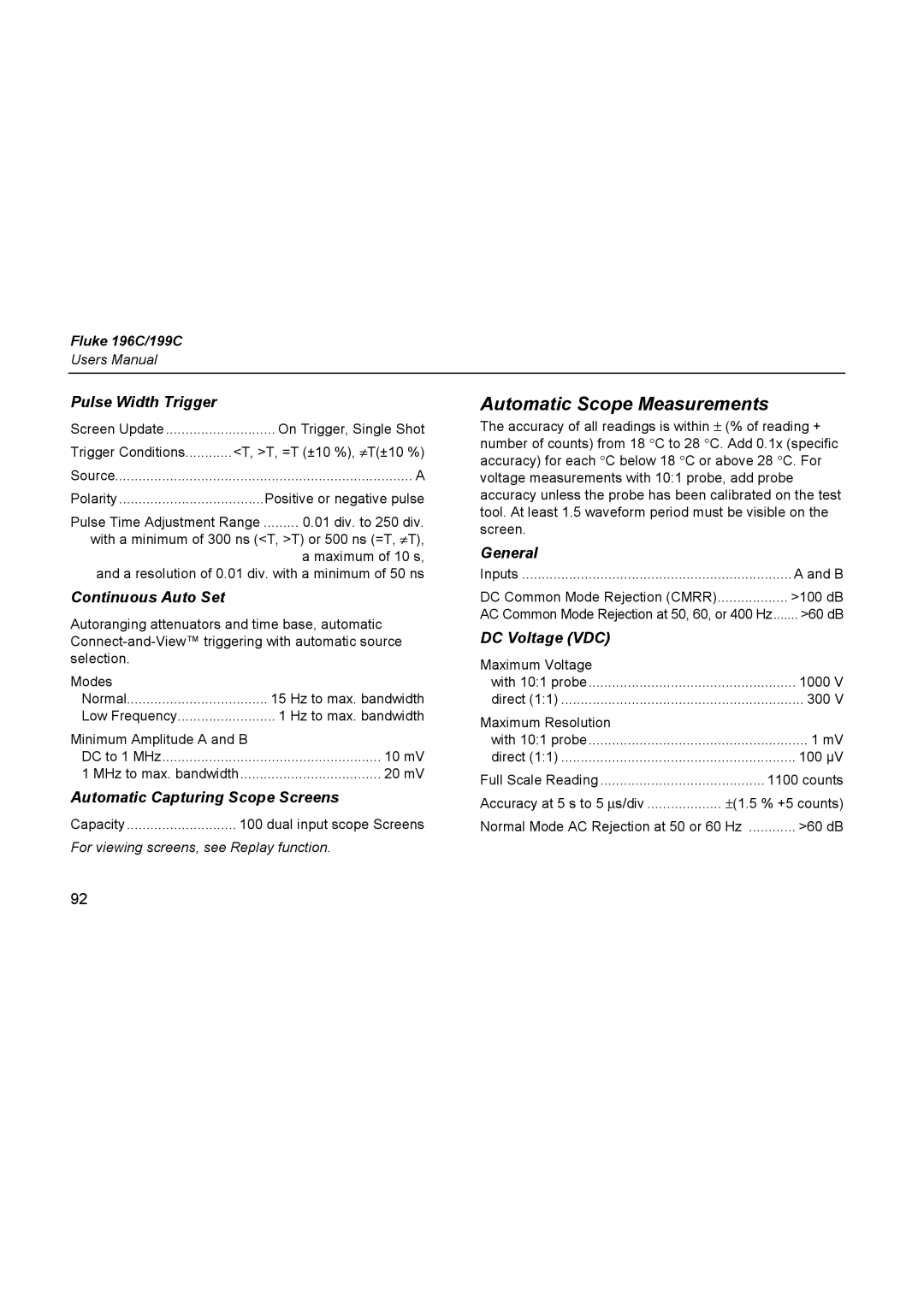 Fluke 196C user manual Automatic Scope Measurements 