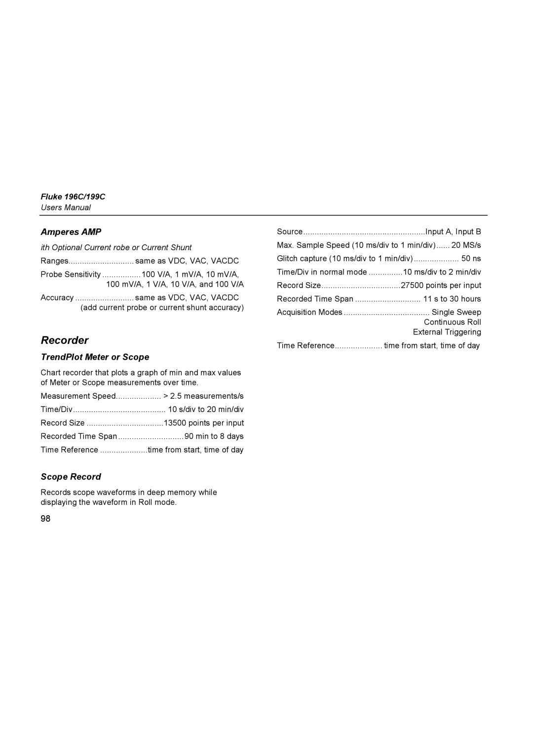 Fluke 196C user manual Recorder, TrendPlot Meter or Scope, Scope Record 