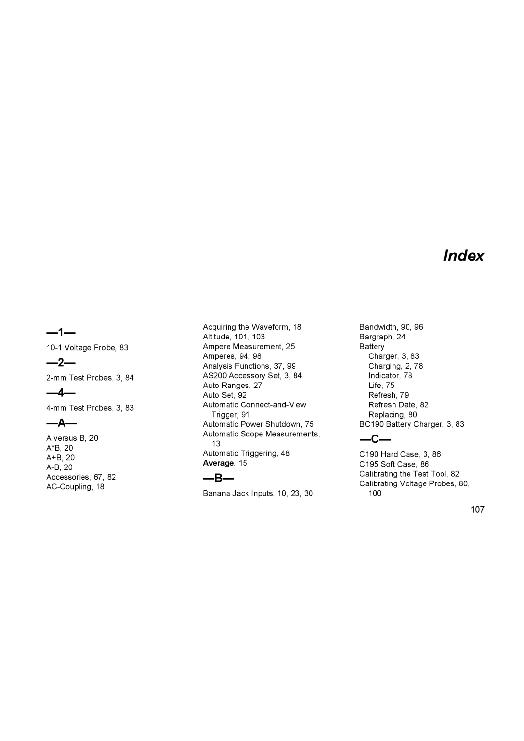 Fluke 196C user manual Index, Average 