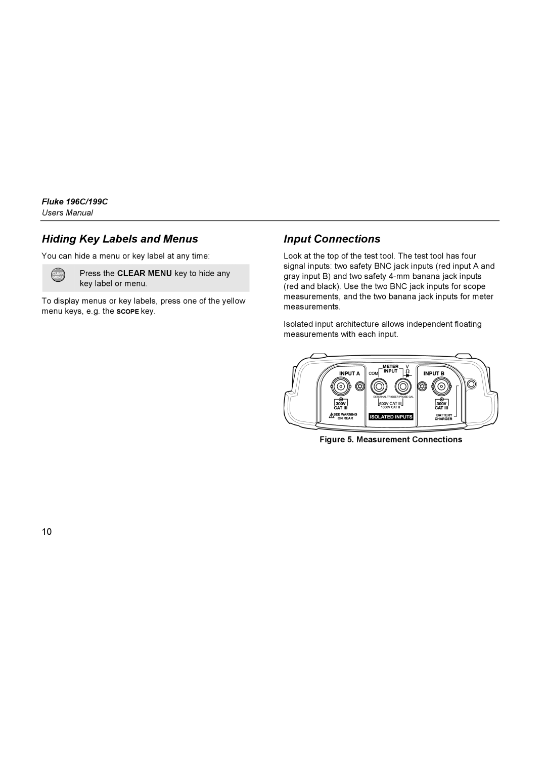 Fluke 196C user manual Hiding Key Labels and Menus, Input Connections 