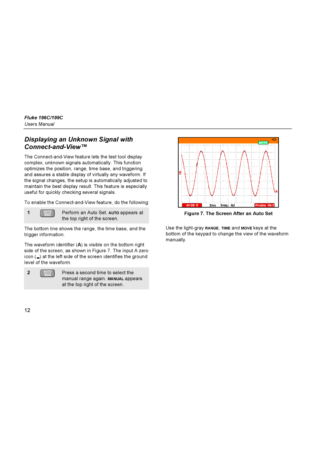 Fluke 196C user manual Displaying an Unknown Signal with Connect-and-View, Screen After an Auto Set 