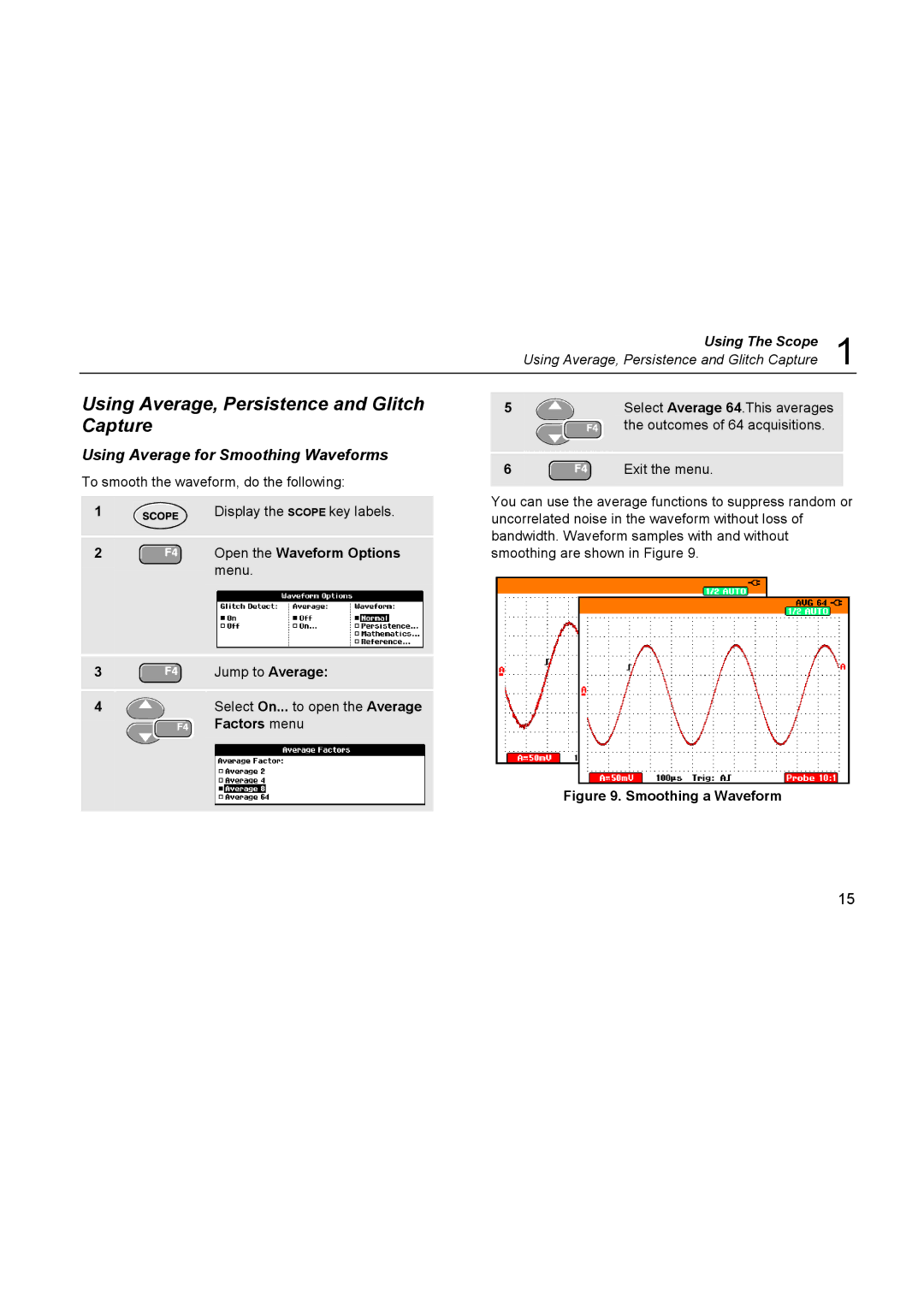 Fluke 196C user manual Using Average, Persistence and Glitch Capture, Using Average for Smoothing Waveforms 