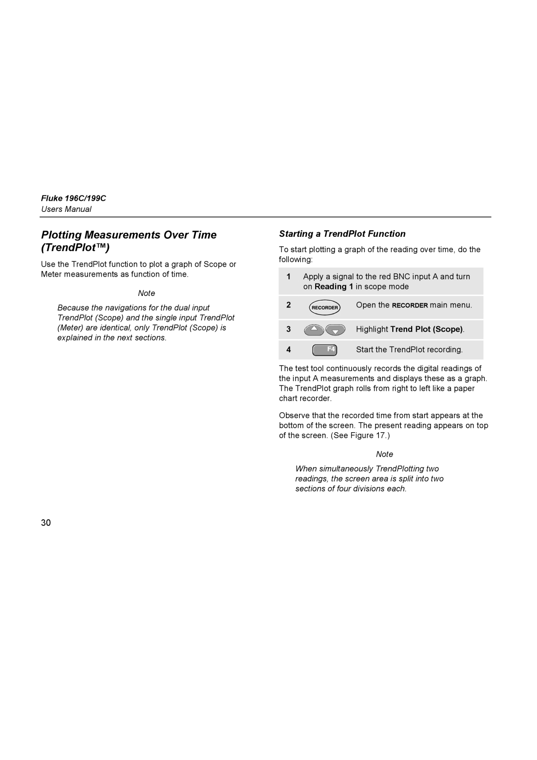 Fluke 196C user manual Plotting Measurements Over Time TrendPlot, Starting a TrendPlot Function, Highlight Trend Plot Scope 