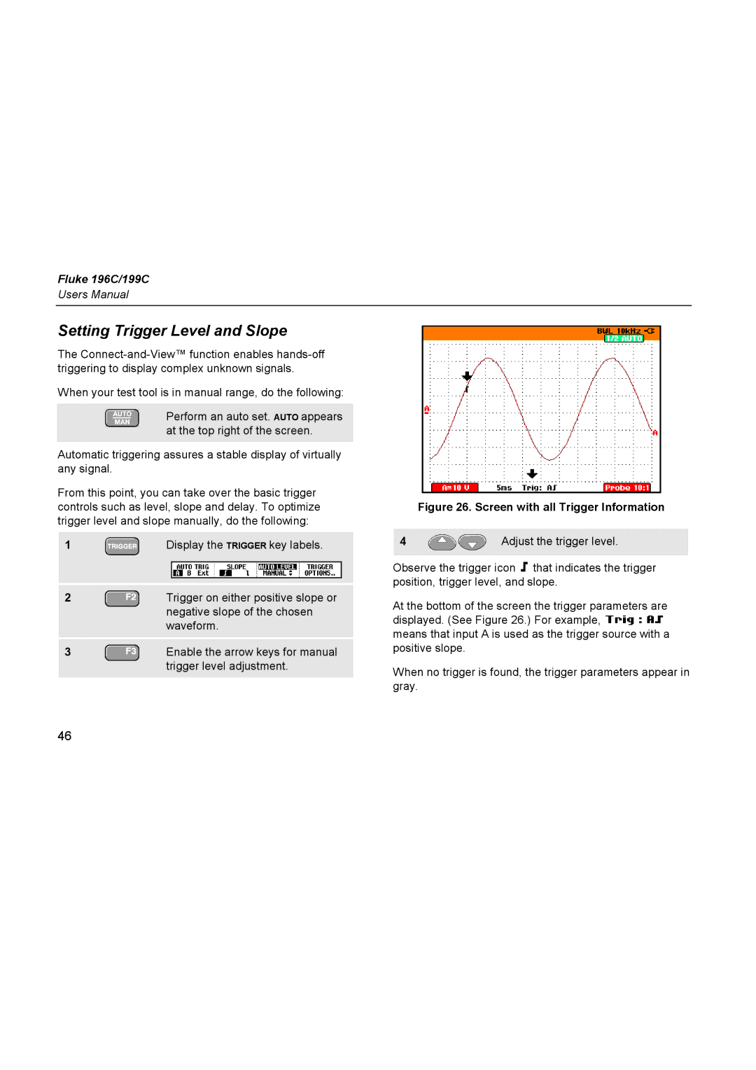 Fluke 196C user manual Setting Trigger Level and Slope, Screen with all Trigger Information Adjust the trigger level 